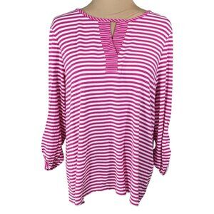 Chico's Tunic Top Size L Large (2) Pink White Stripe Stretch Knit